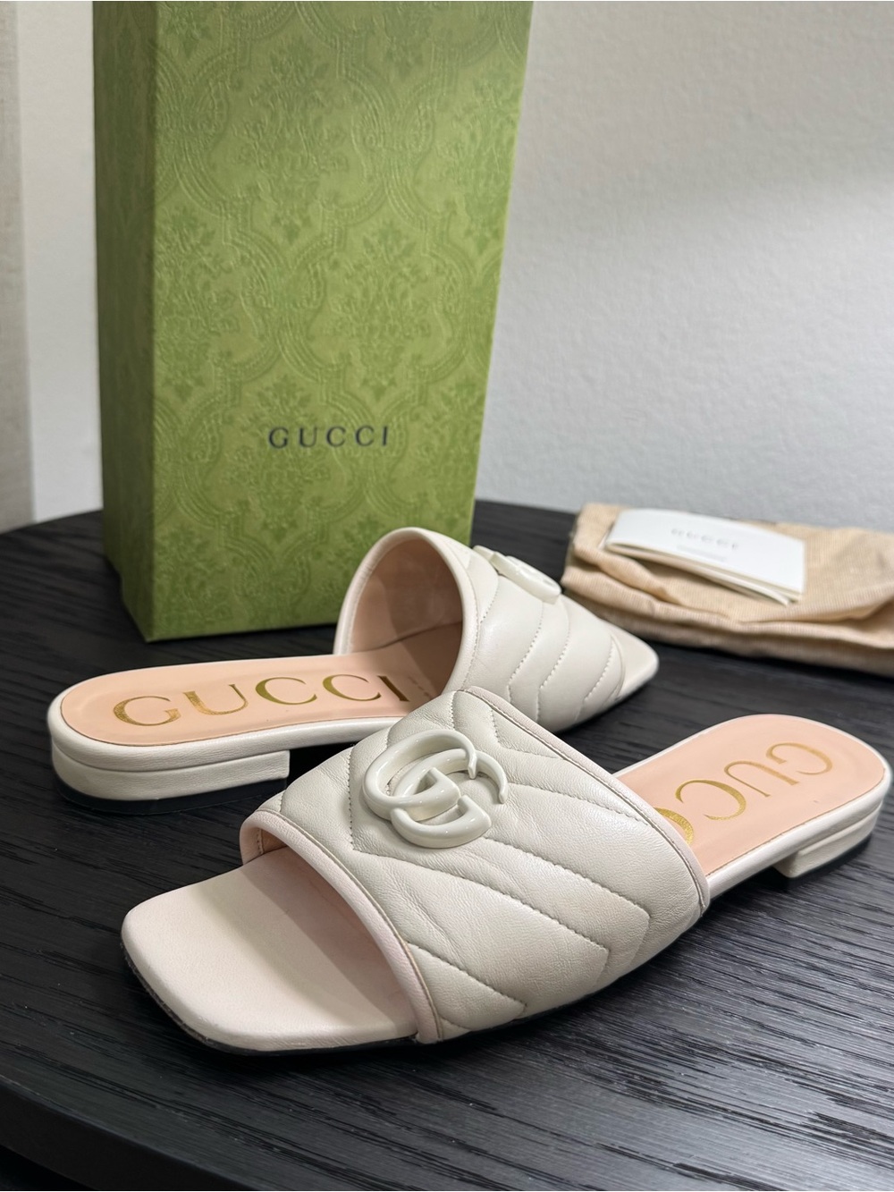 Gucci GG Marmont Slide Sandals Chevron Leather White 37 - Picture 4 of 9
